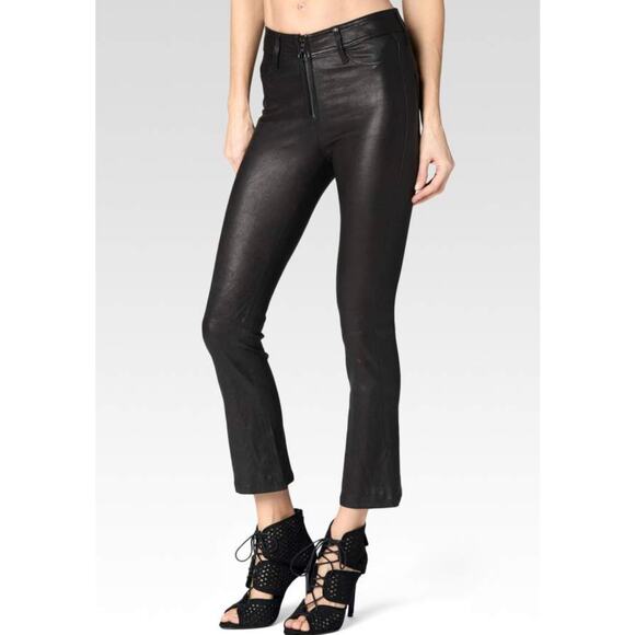 NWT Paige Carine Black Genuine Leather Cropped Flare Pants Size 28 $1075 Retail - Picture 1 of 11